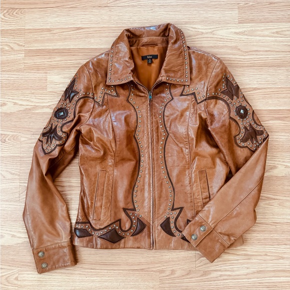 Vintage Reba studded brown embellished western grunge cowgirl leather jacket M - Picture 3 of 12